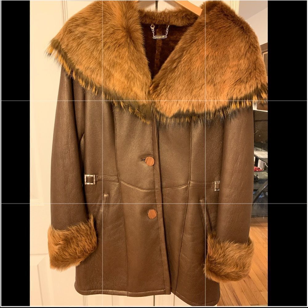 Brand New REISLER Sheepskin Shearling Fur Leather Coat Fox fur, Sz Large